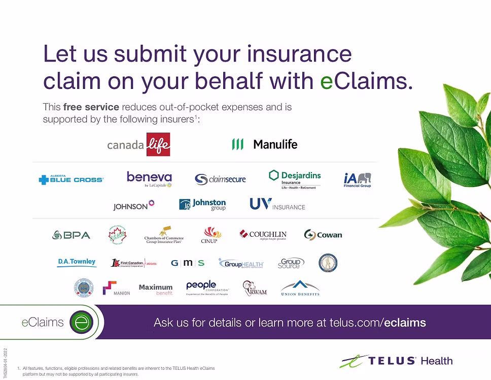 TELUS Health eClaims poster showing the logos of participating insurers, including Canada Life, Manulife, Alberta Blue Cross, Beneva, ClaimSecure, Desjardins and iA Financial Group